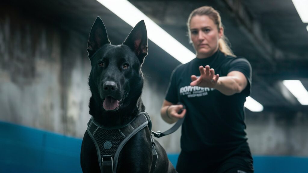 A guardian dog and owner practicing training commands, emphasizing the importance of early socialization.