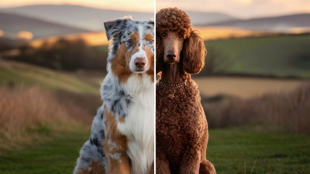 Australian Shepherd and Poodle side by side, showing the traits that make Aussie Doodles unique.