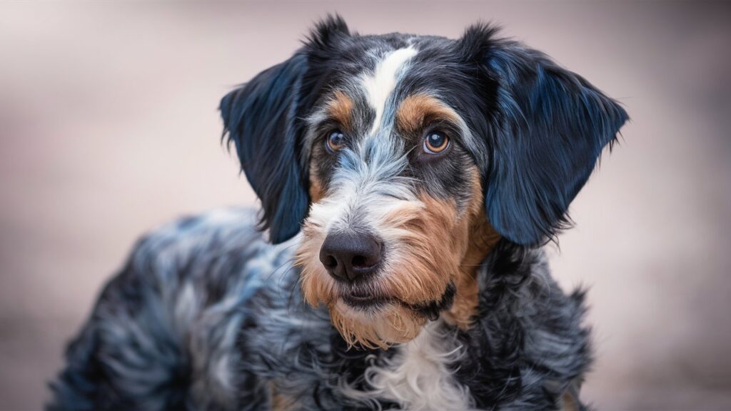 Portrait of an adult Blue Heeler Doodle showcasing its distinctive coat.