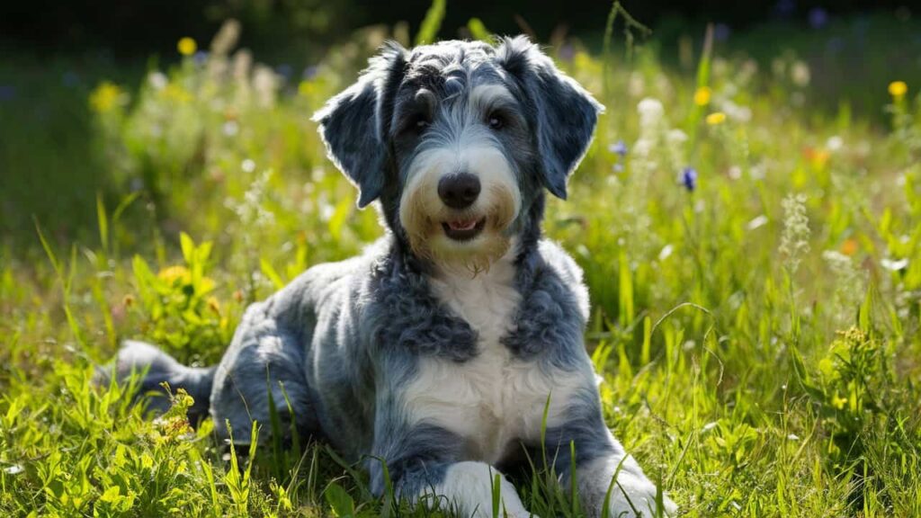 Close-up of a Blue Merle Mini Labradoodle with a stunning blue-gray merle coat in a grassy field.