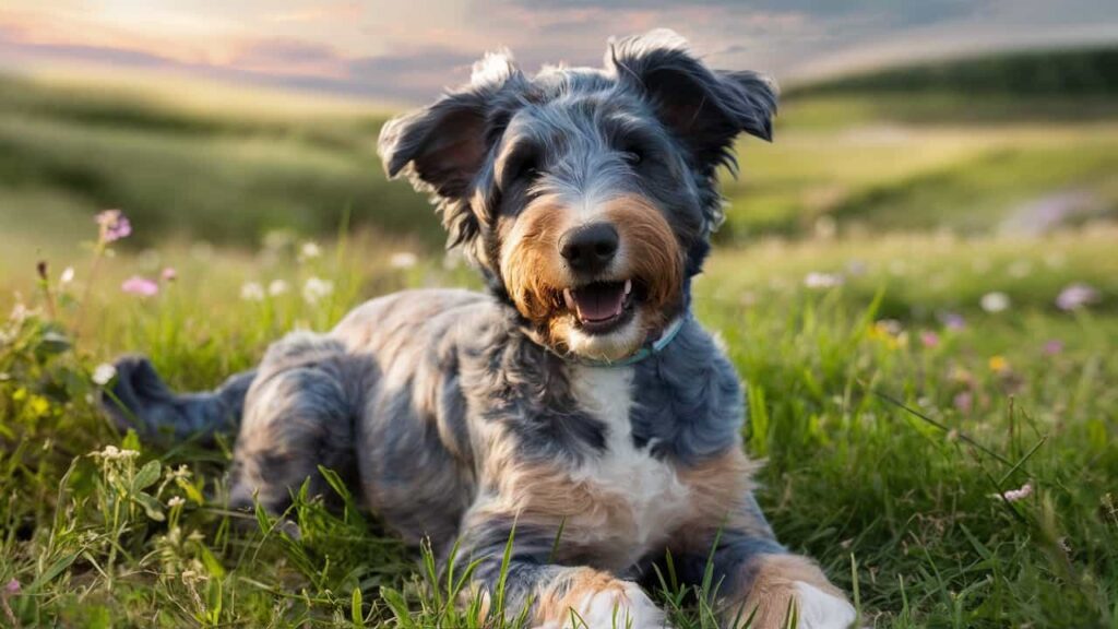 Close-up of a Blue Merle Mini Labradoodle with a stunning blue-gray merle coat in a grassy field.