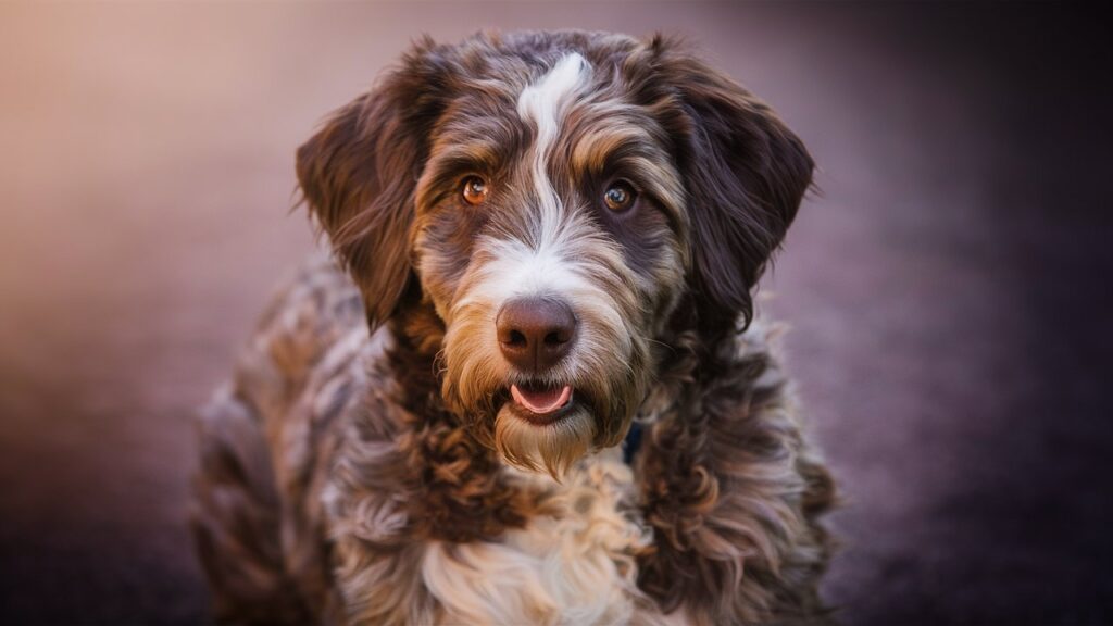 A close-up portrait of a Chocolate Merle Australian Labradoodle, highlighting its beautiful merle coat and kind eyes.