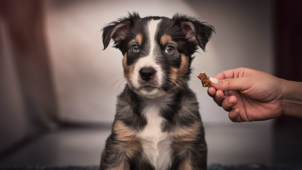 Australian Cattle Dog puppy learning a "sit" command.