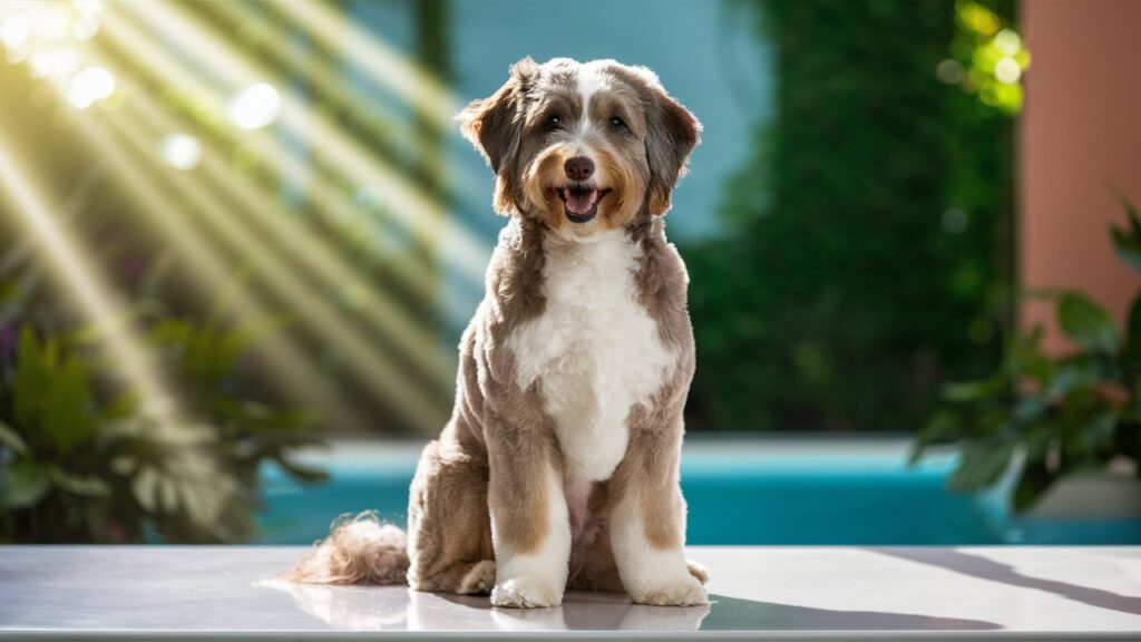 A well-groomed Australian Labradoodle with a fluffy coat, sitting proudly after a grooming session.