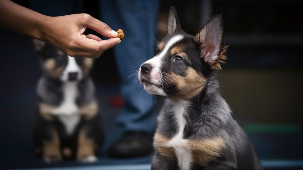  Australian Cattle Dog puppy learning a "sit" command.