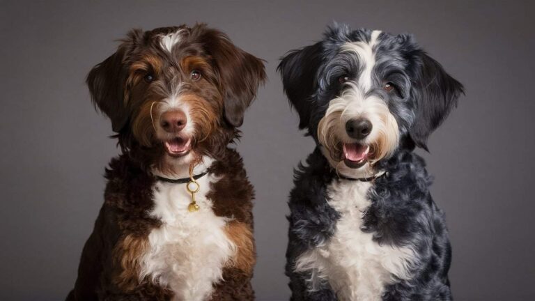 Comparison of a Chocolate Merle Bernedoodle and a Blue Merle Bernedoodle, showcasing their distinct coat patterns.