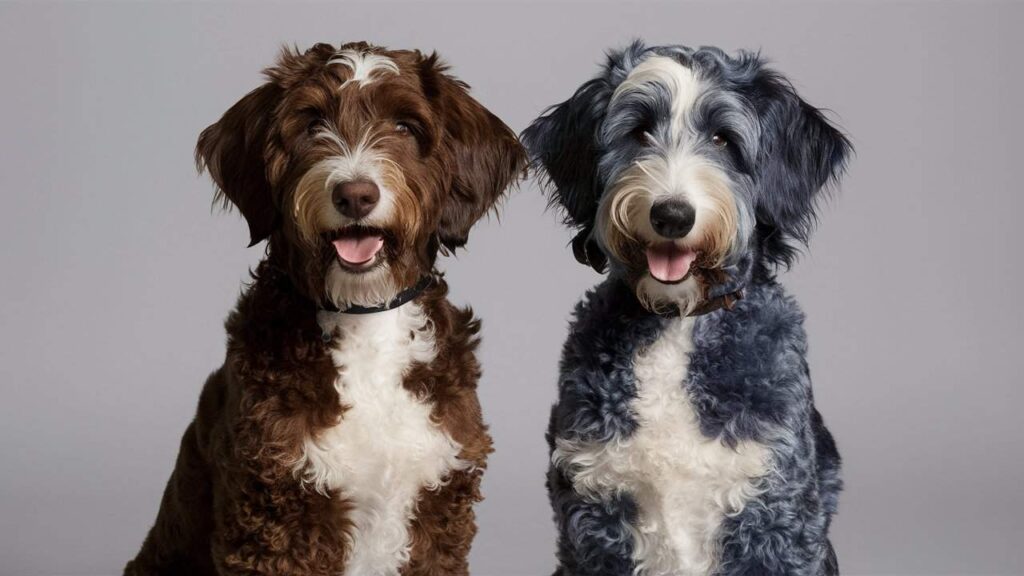 Comparison of a Chocolate Merle Bernedoodle and a Blue Merle Bernedoodle, showcasing their distinct coat patterns.