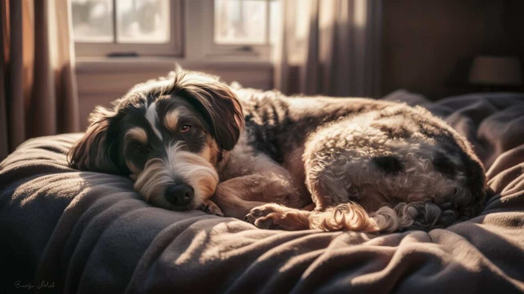 "A Heeler Doodle sleeping comfortably, representing its calm and loving side after a day of activity.