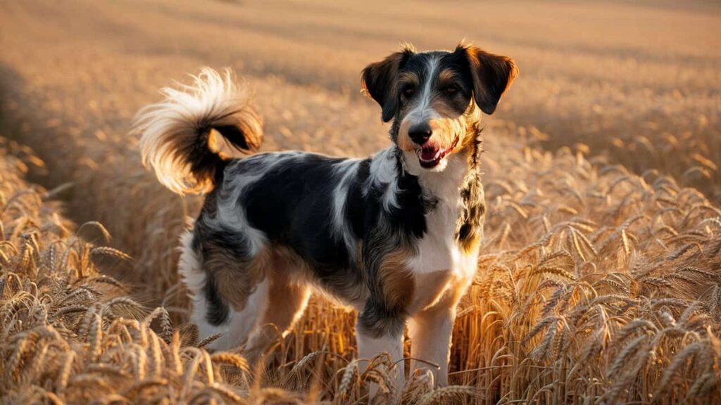 A Heeler Doodle standing in a field, highlighting its unique coat and medium size.