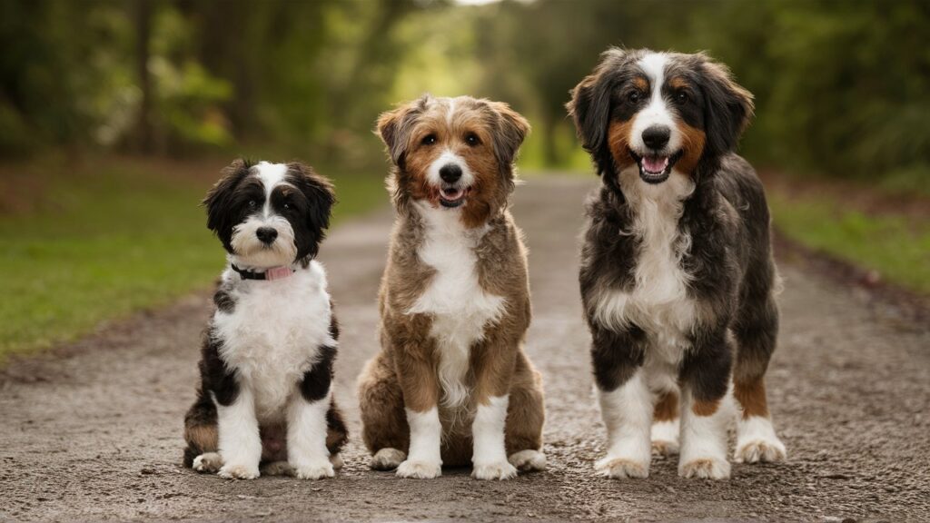 Toy, Medium, and Standard Aussie Doodles compared in size.