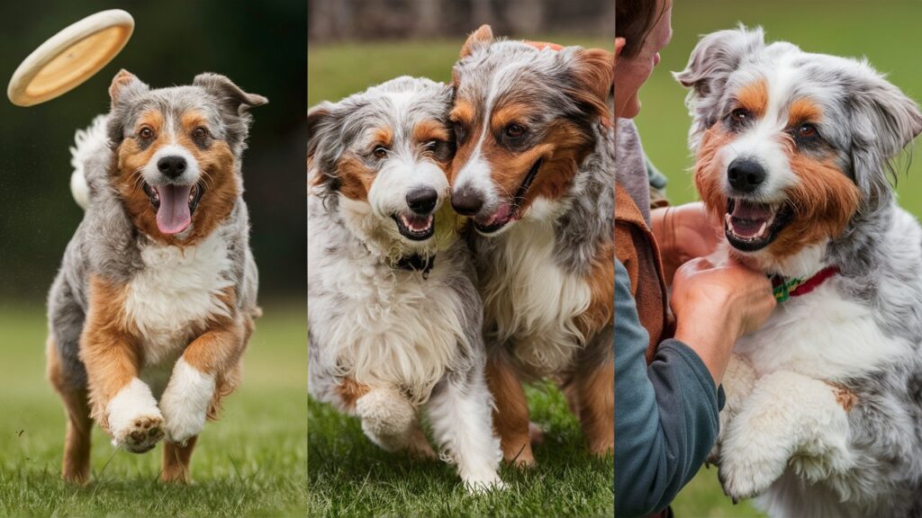 Aussie Doodles showcasing different personalities: playful, calm, and goofy.