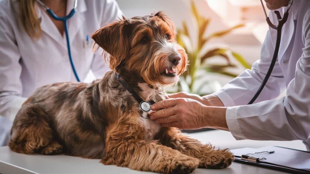 Red Merle Labradoodle during a vet checkup, emphasizing health care.