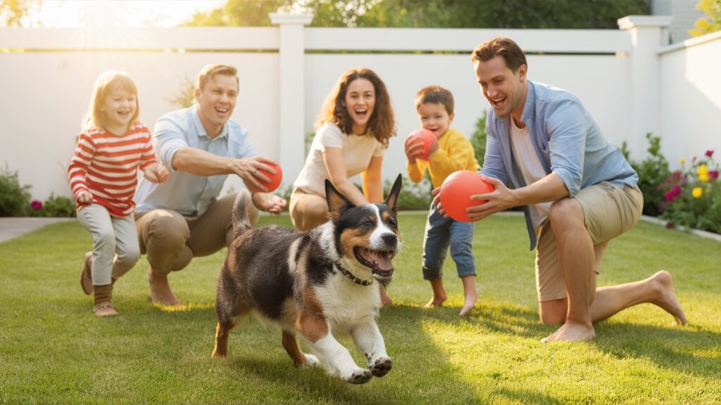 Active family playing with their Australian Cattle Dog.