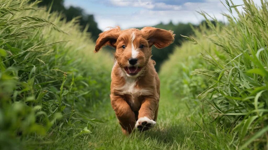 A Red Heeler Doodle puppy with red and white markings joyfully runs through  green fields.