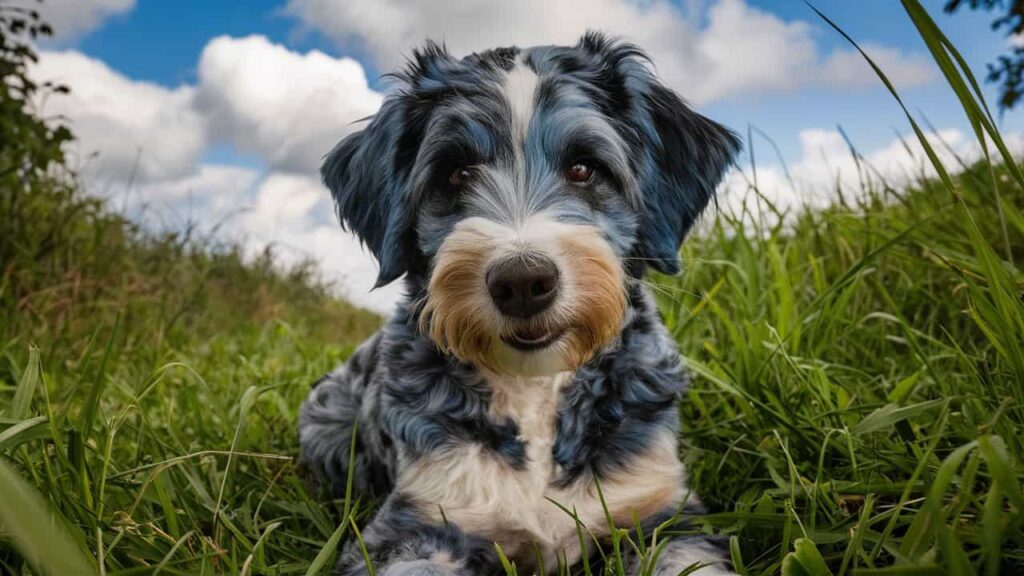 A stunning Blue Merle Bernedoodle with a mottled gray and black coat sitting in a grassy field.