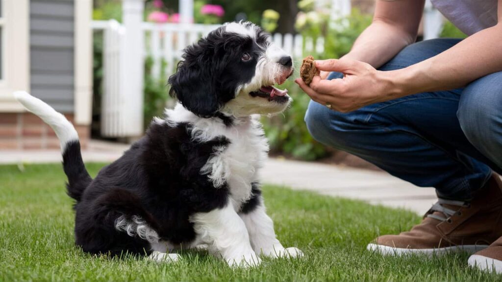 A Dalmadoodle puppy is rewarded with a treat during a training session.