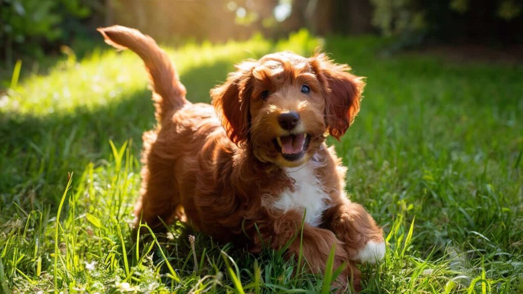 Mini Irish Doodle puppy playing outdoors, showcasing its friendly and energetic nature.