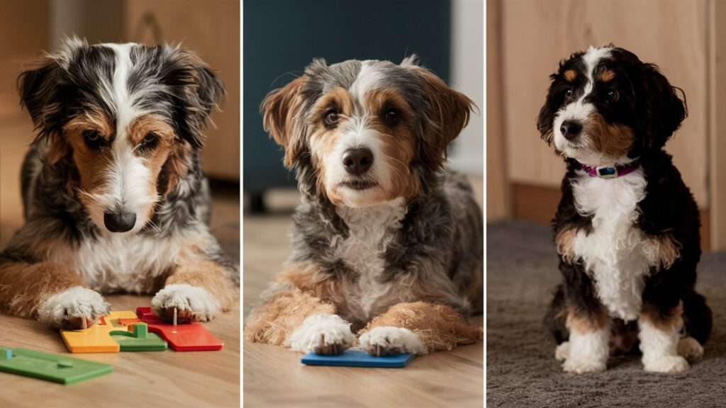 Aussie Doodles demonstrating intelligence: solving puzzles, learning tricks, and being curious.