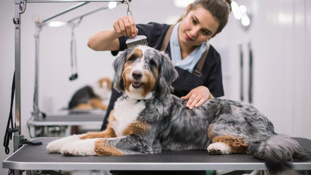  A professional groomer brushing the coat of a Merle Australian Labradoodle, showing how to prevent matting.