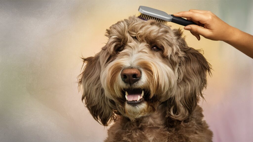 A wavy-coated F1 Labradoodle being gently brushed with a slicker brush.