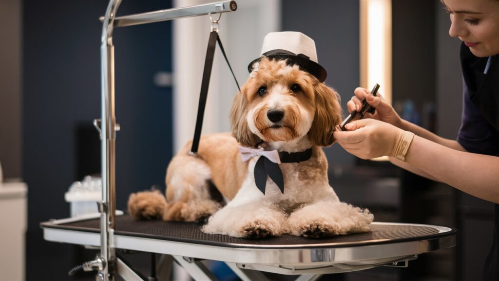 A professional groomer brushing a Chicka Doodle's curly coat, demonstrating the breed's grooming requirements.