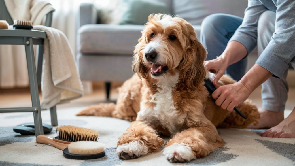 Chicka Doodle Dog being brushed on a soft rug indoors.