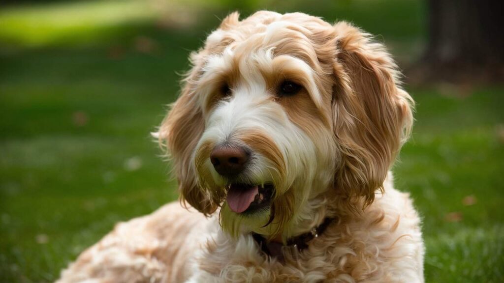 A close-up of a Labradoodle's fleece coat, showing its soft waves.