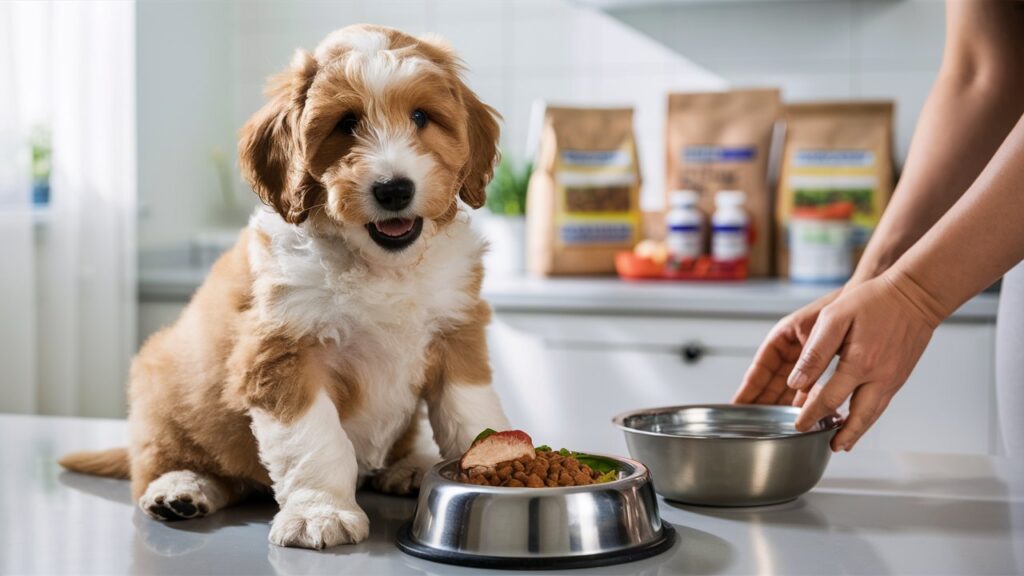 Double doodle puppy excited for a healthy meal of dog food and veggies.